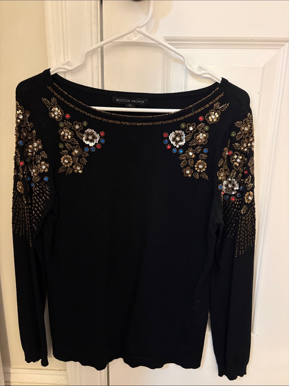Boston Proper Black Long-Sleeve Embellished Floral Sweater Dress